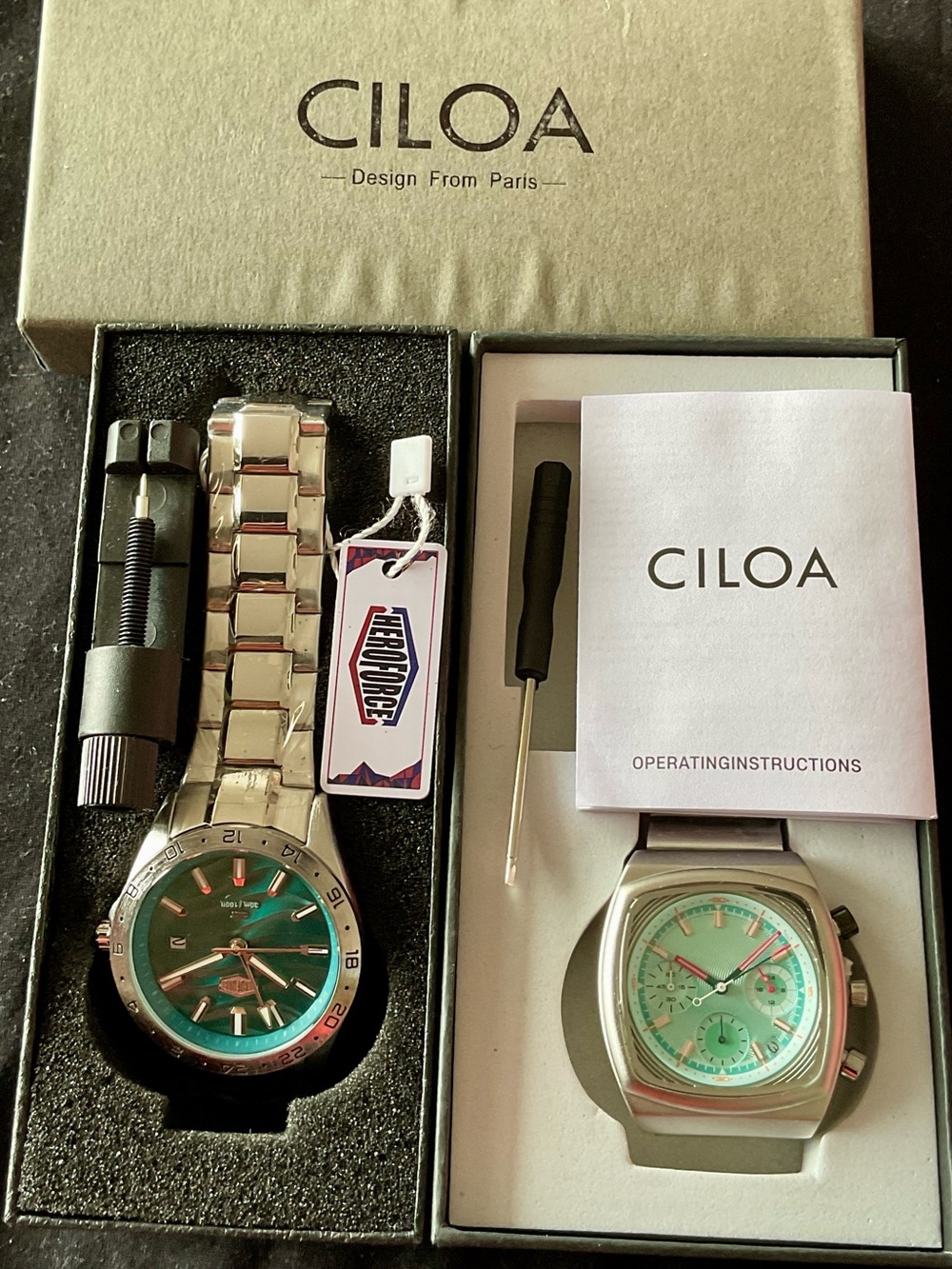 2 NIB Watches Beautiful Wavy Dial Heroforce GMT Guilloche Ciloa Chronograph